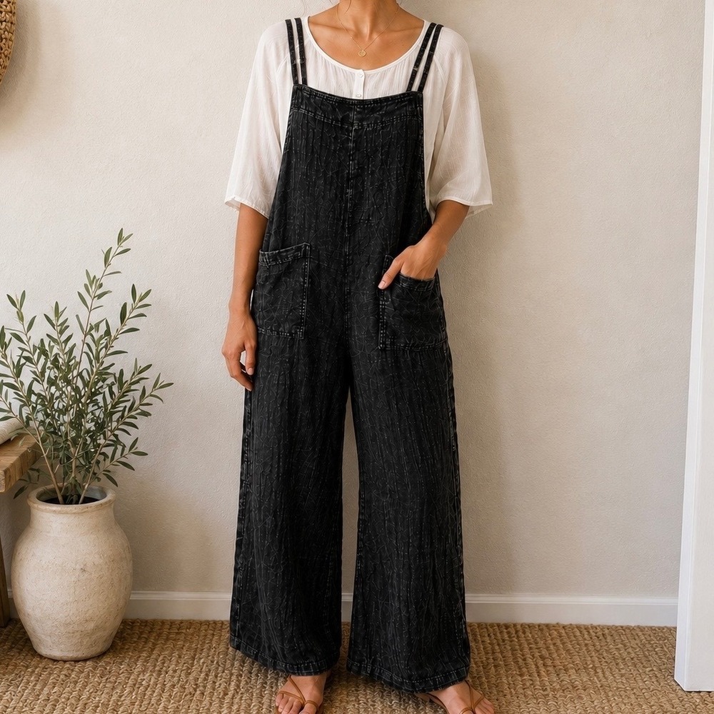 Lotus & Luna Weathered Black Cotton Crinkle Wide Leg Overalls Jumpsuit Medium